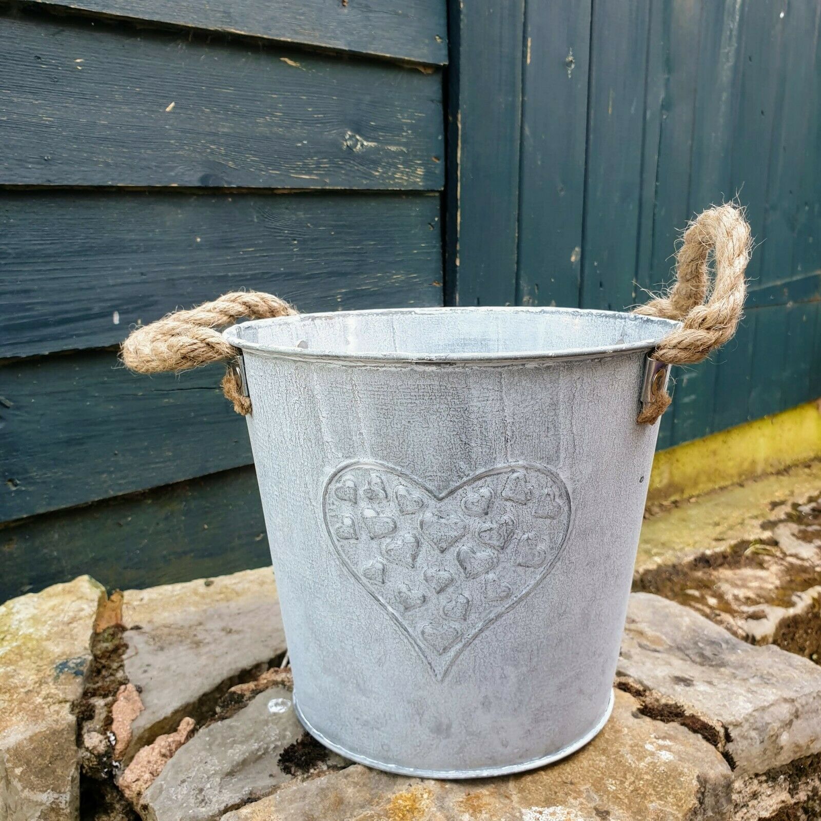 Galvanised Metal Bucket Planter Embossed Heart