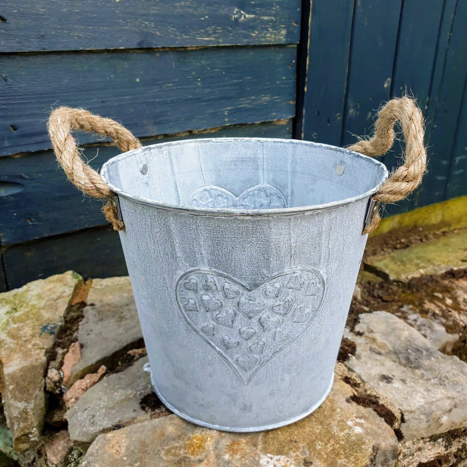 Galvanised Metal Bucket Planter Embossed Heart