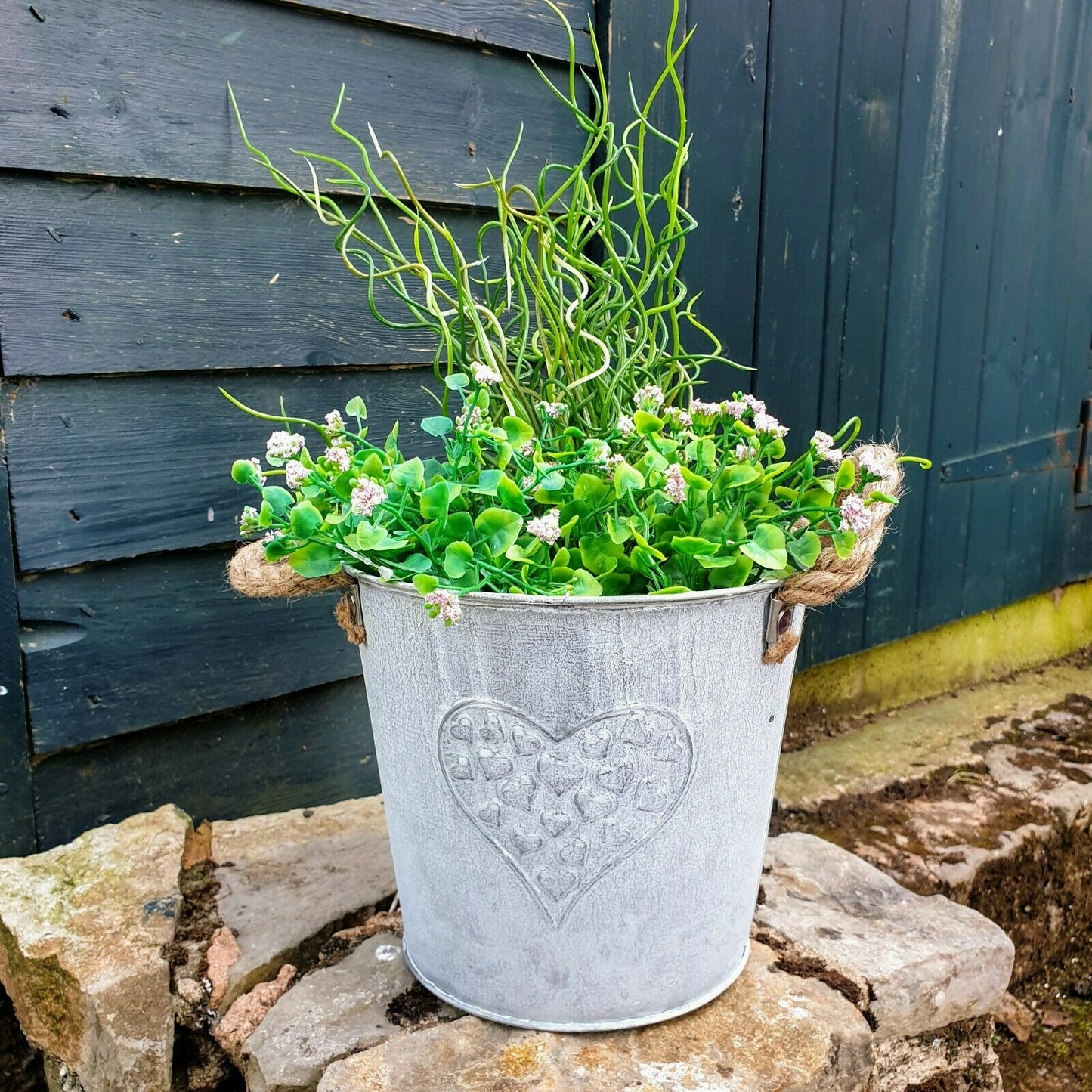 Galvanised Metal Bucket Planter Embossed Heart