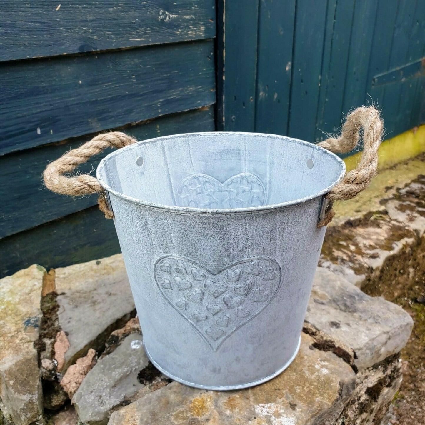 Galvanised Metal Bucket Planter Embossed Heart