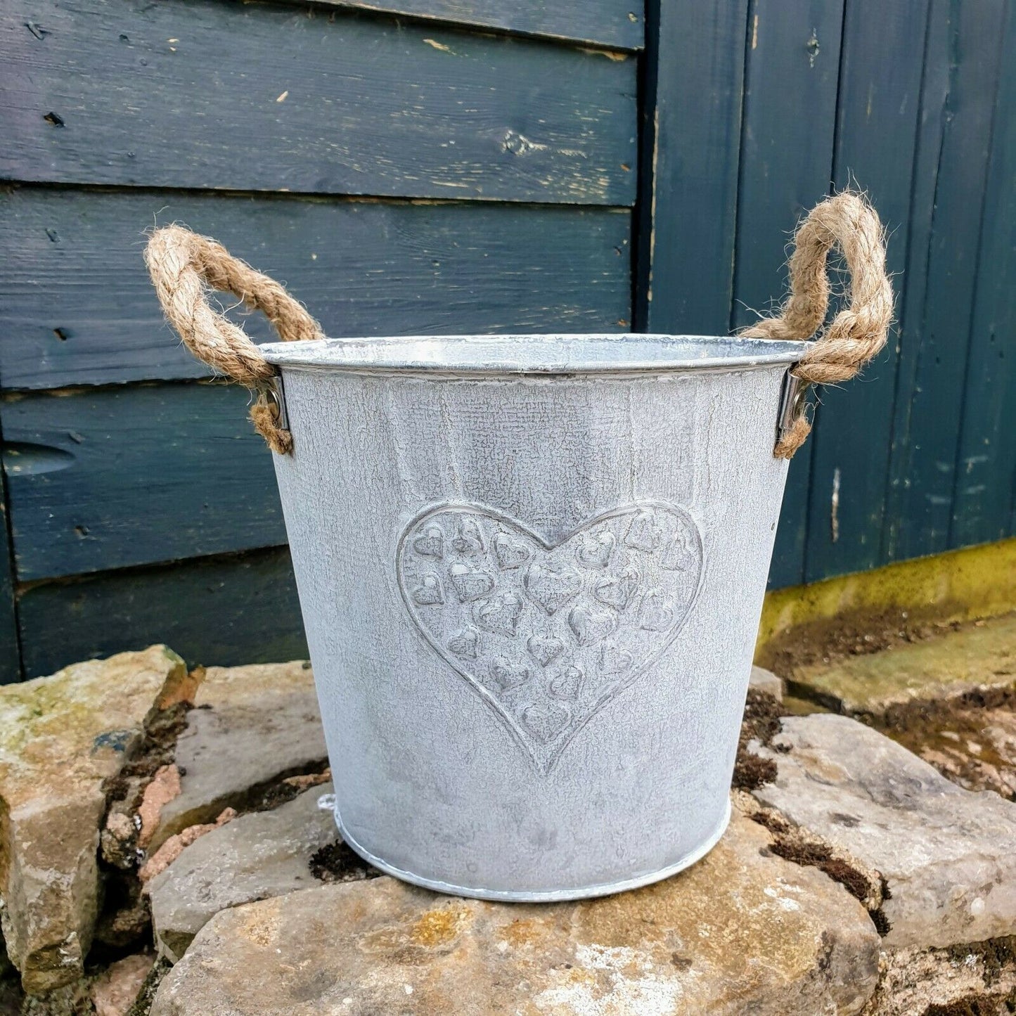 Galvanised Metal Bucket Planter Embossed Heart