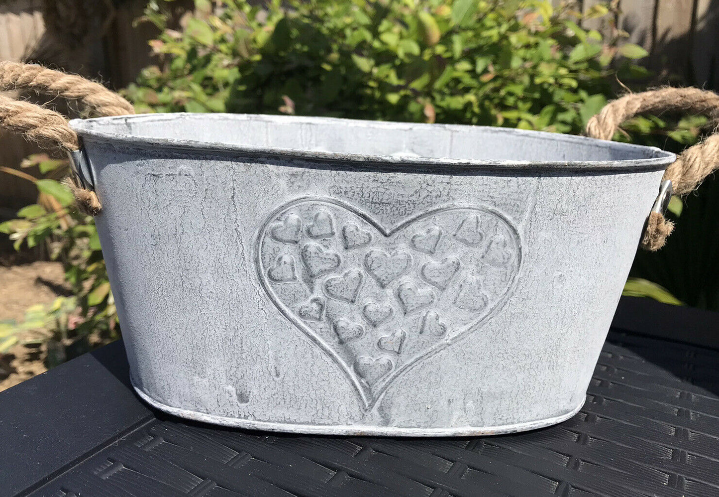 Metal Zinc Silver Heart Flower Planter Trough Pot 