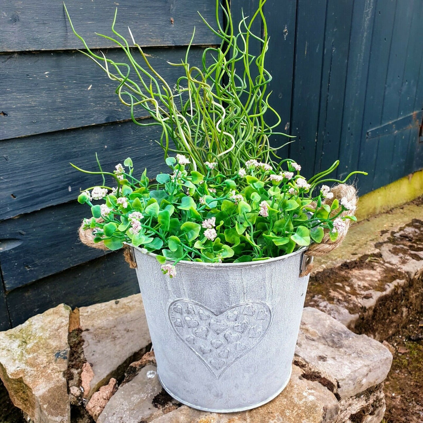 Galvanised Metal Bucket Planter Embossed Heart