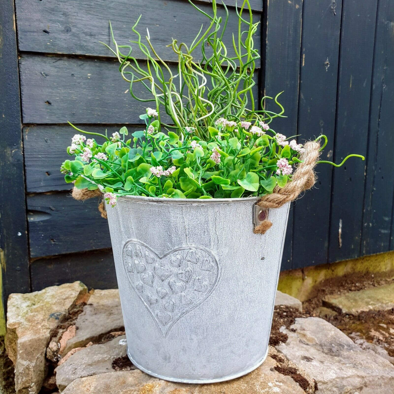 Galvanised Metal Bucket Planter Embossed Heart