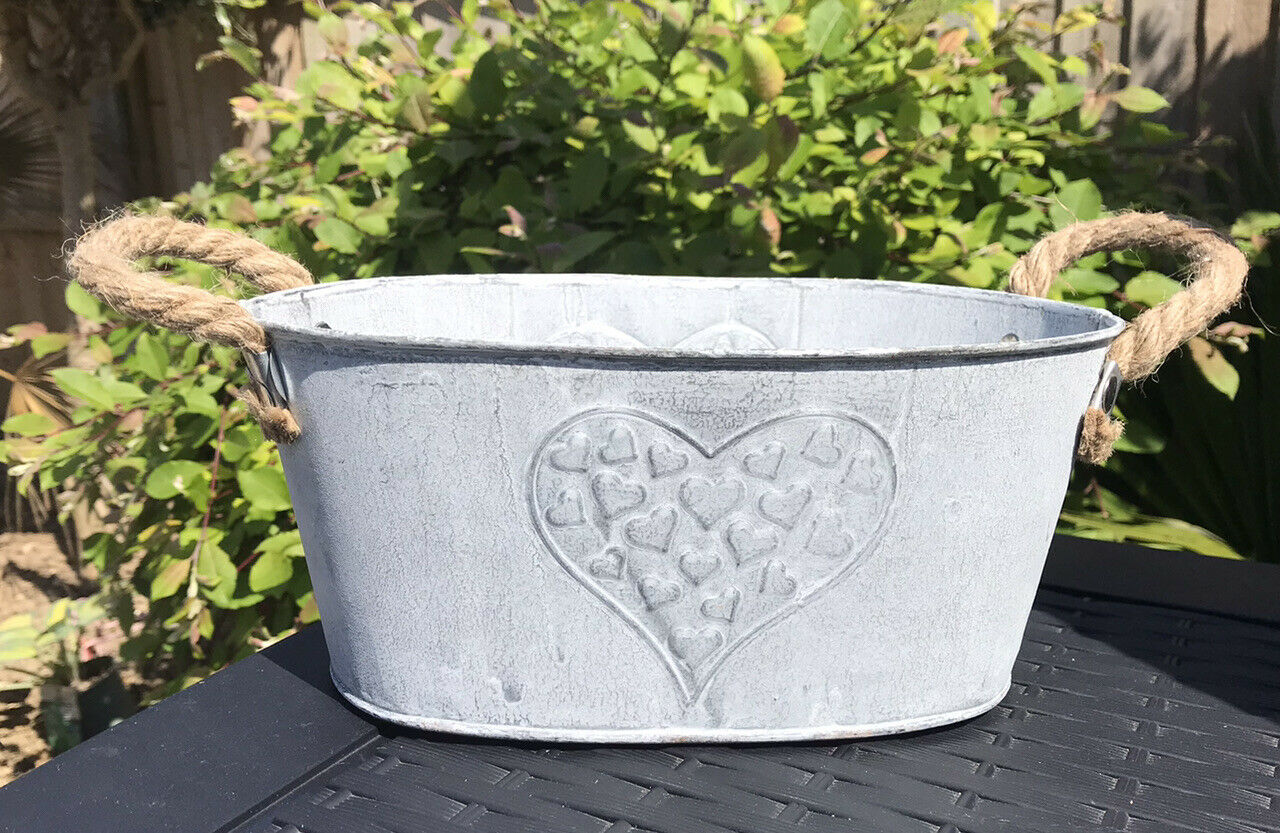 Metal Zinc Silver Heart Flower Planter Trough Pot 