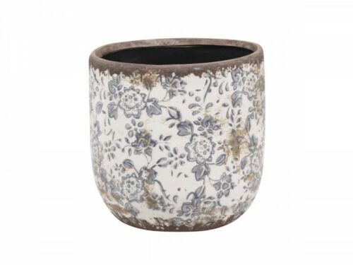 Blue & White Melun Plant Pot Cover, French Flower Pattern Ceramic Floral Planter