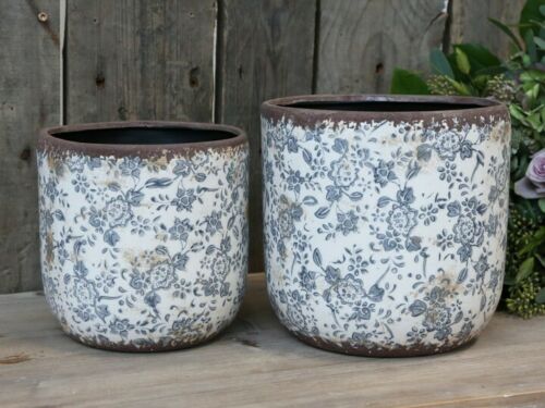 Blue & White Melun Plant Pot Cover, French Flower Pattern Ceramic Floral Planter